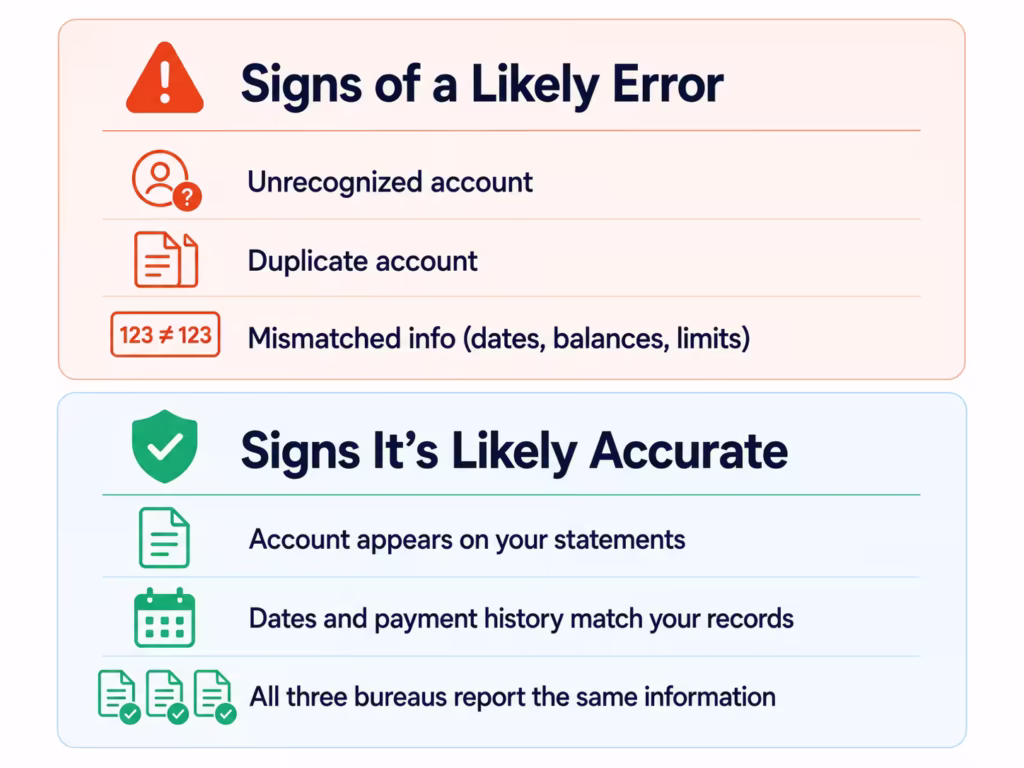 Two stacked cards showing warning signs above and confirmation signs below for reviewing a document