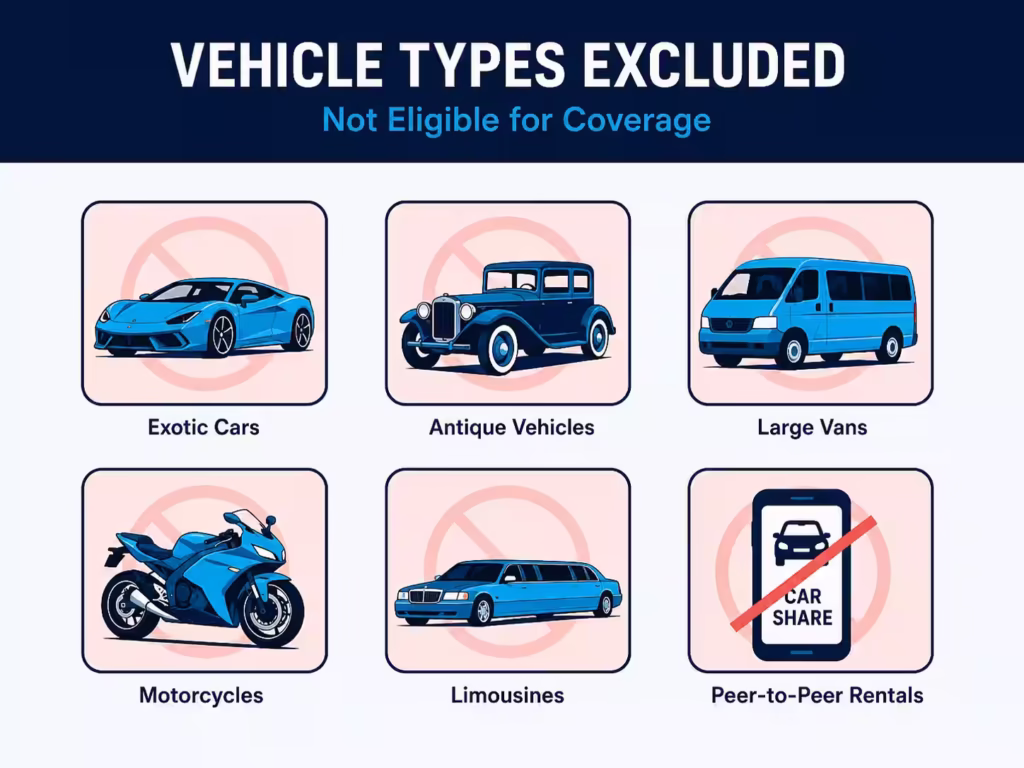 Icon grid showing six vehicle types excluded from rental car insurance coverage