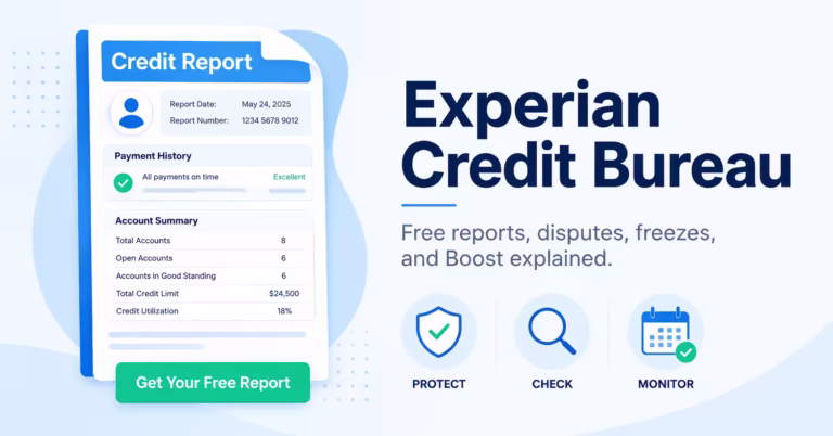 Illustration of a credit report document beside the title Experian credit bureau guide with report icons