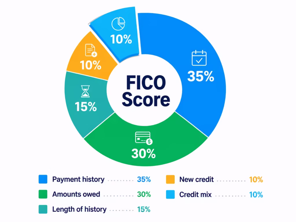 Donut chart breaking down the five factors that make up a FICO credit score