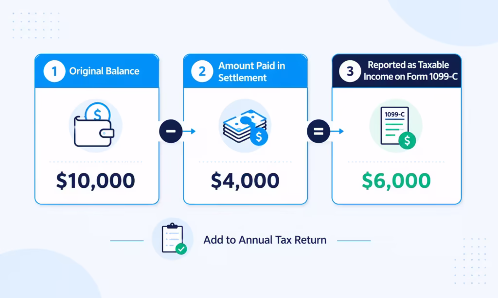  Infographic showing how a forgiven debt balance becomes taxable income after settlement