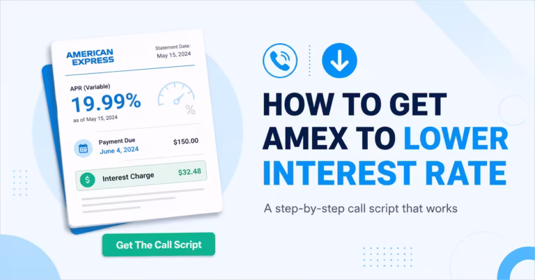 Illustration showing a credit card statement and a guide on how to get Amex to lower interest rate.