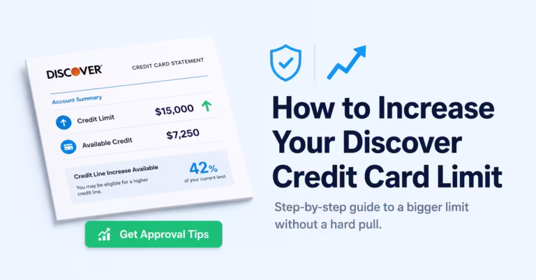Credit card statement showing a rising credit limit next to a step by step increase guide headline