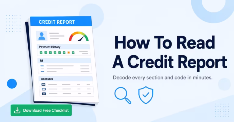 Illustration of a credit report document with a bold headline explaining how to read a credit report
