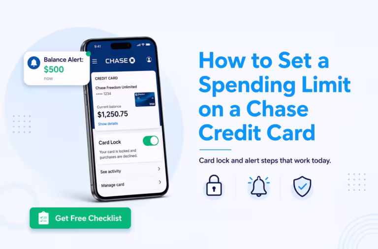 Smartphone showing Chase app card lock toggle and balance alert notification for spending limit guide