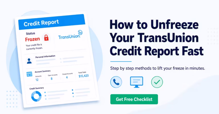 Credit report document with a frozen status label next to a headline about unfreezing TransUnion credit fast