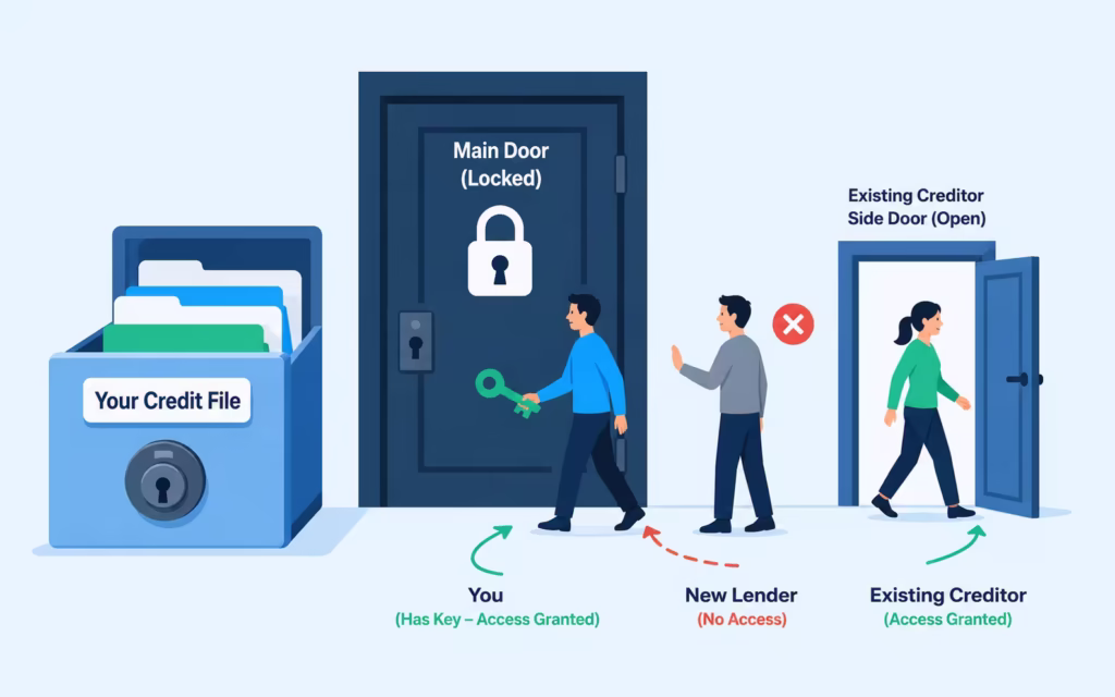 Illustration of a locked filing cabinet with figures representing who can and cannot access a frozen file