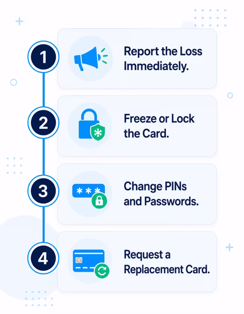 Vertical step diagram showing what to do after a payment card is lost or stolen