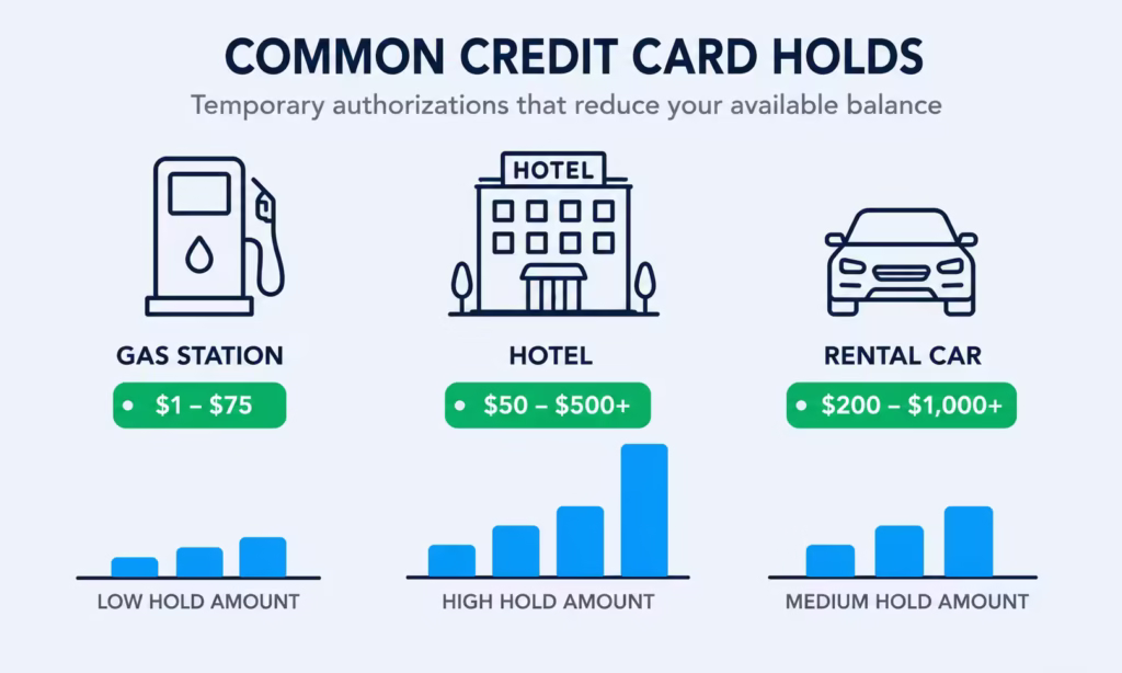 Icons of a gas pump, hotel, and rental car representing merchants that place temporary holds on cards