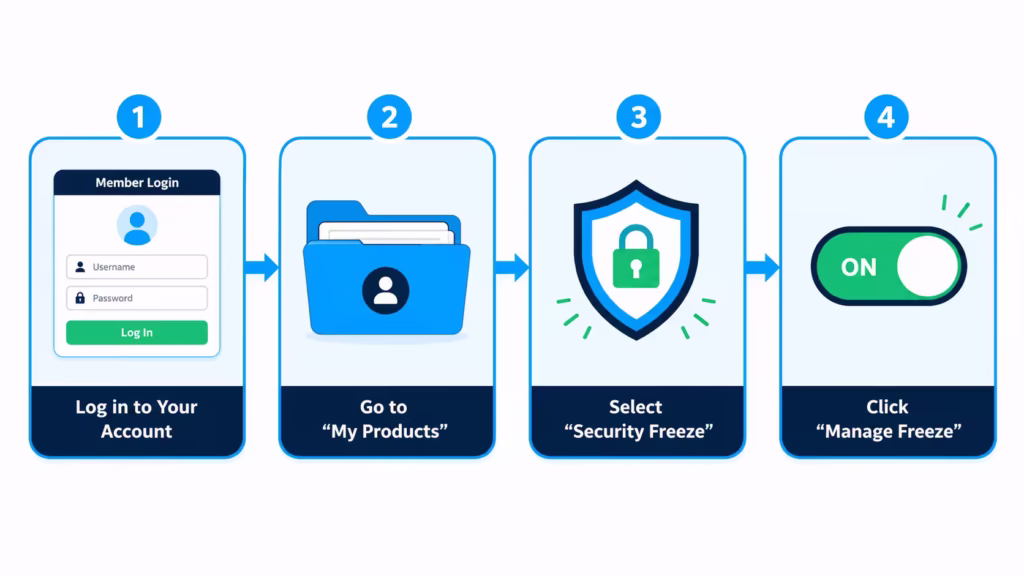 Four-step flowchart showing the sequence for lifting a credit freeze through an online account dashboard