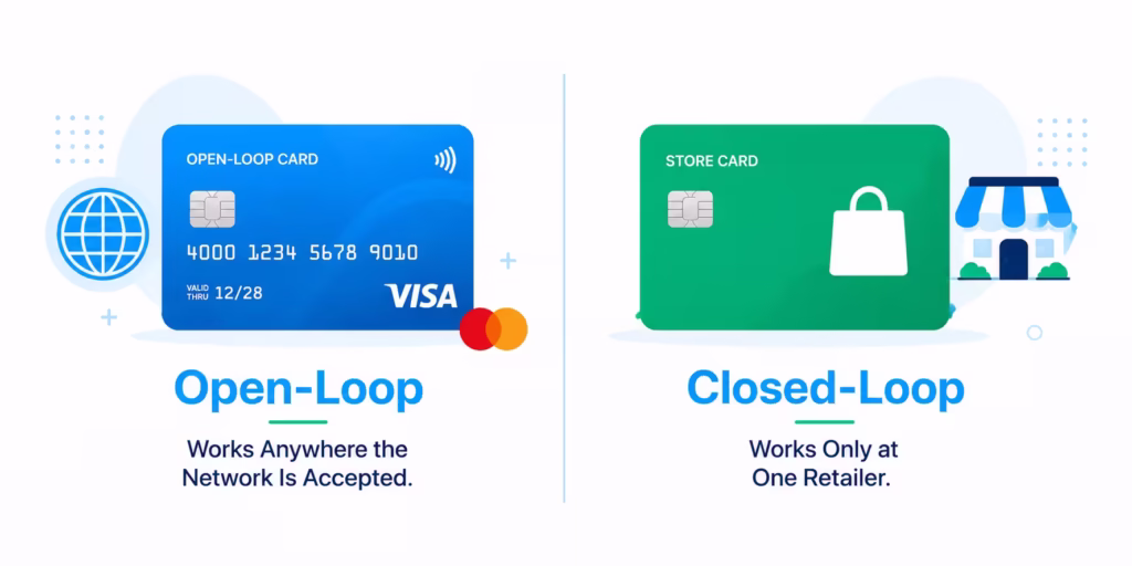 Side by side illustration comparing an open-loop network card and a closed-loop store gift card