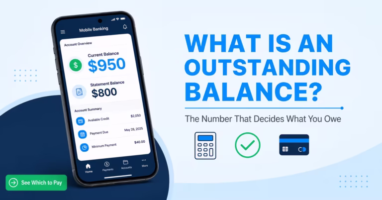 Smartphone showing a credit card app with current balance and statement balance displayed on screen