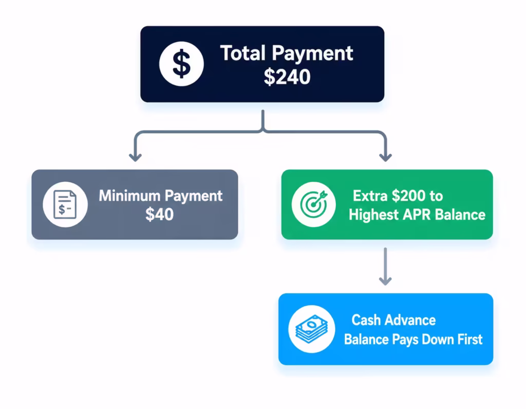 Flowchart showing how an extra payment amount is applied to the higher interest balance first