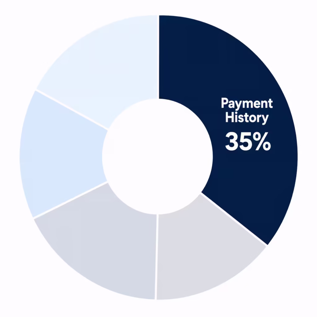 Donut chart highlighting payment history as the largest weighted factor in a credit score