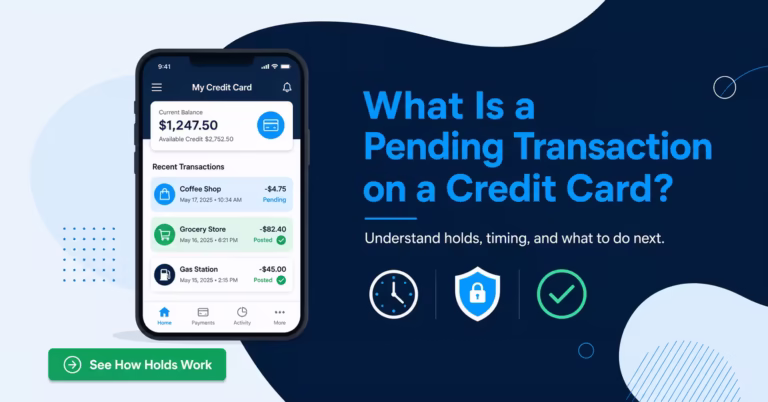 Mobile banking app showing a pending transaction and a posted transaction on a credit card