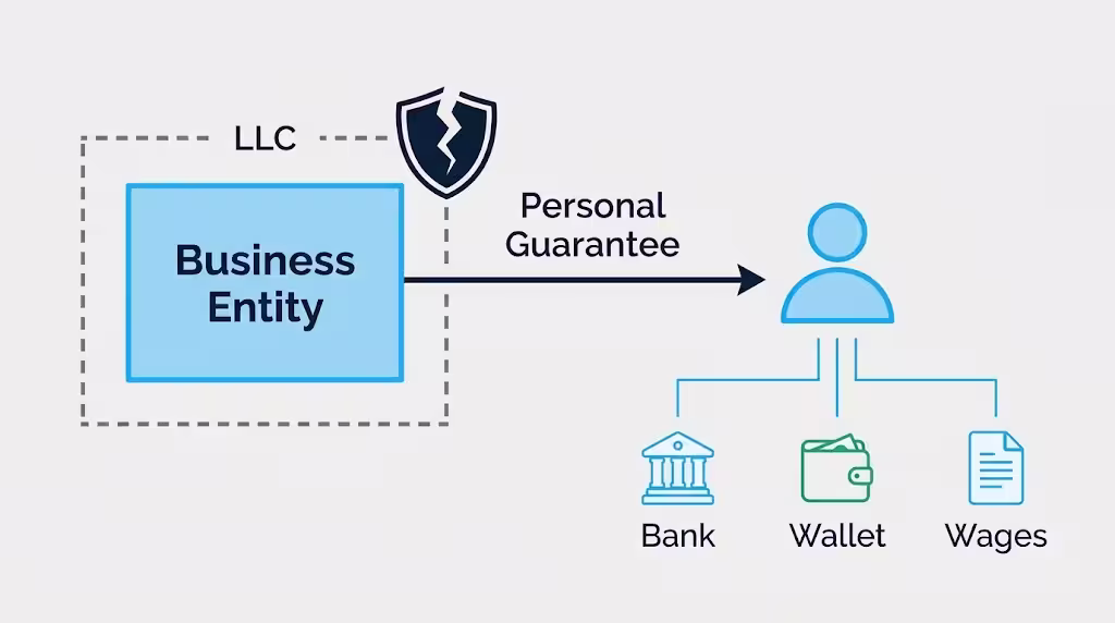 Diagram showing how a personal guarantee connects business debt directly to an individual despite LLC status
