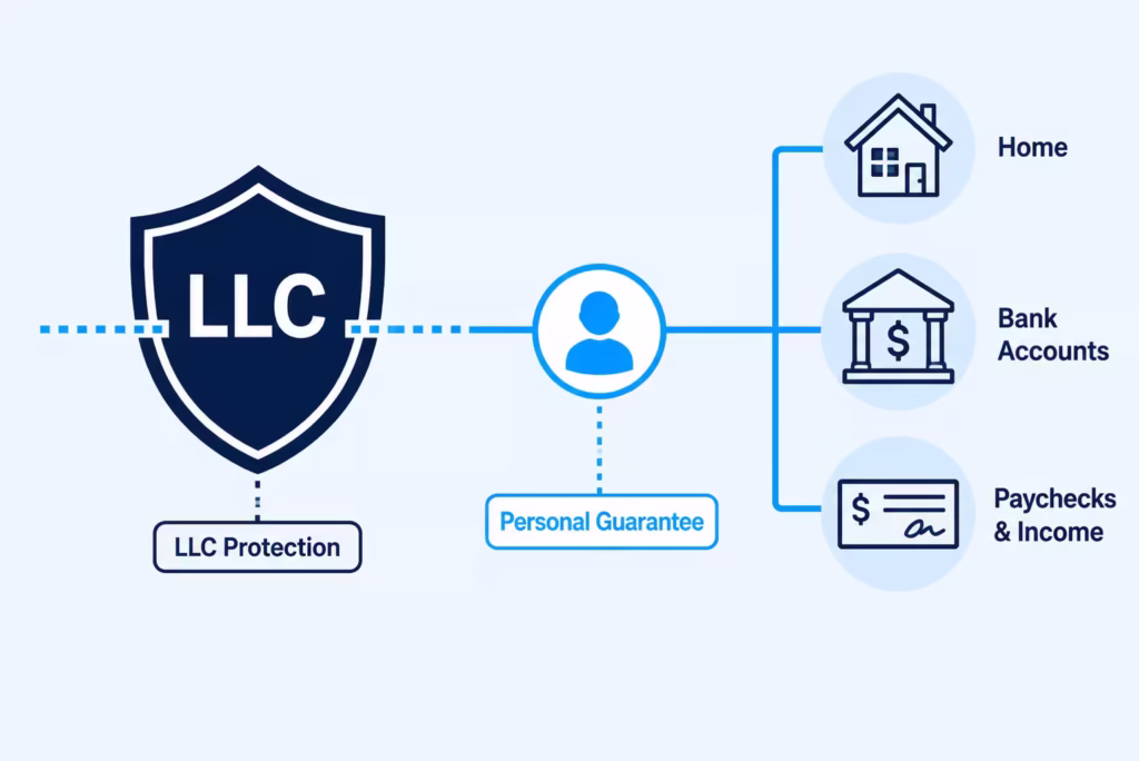 Diagram illustrating how a signed guarantee connects personal assets to business debt despite LLC status.