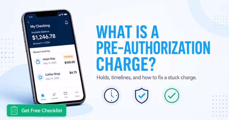 Smartphone banking app showing a pending pre-authorization charge next to article title about credit card holds