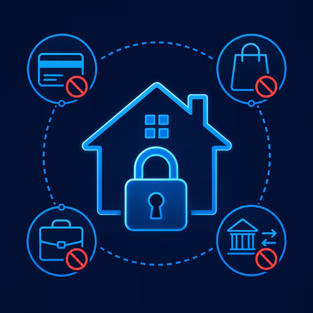 House icon with a padlock surrounded by four financial actions marked as restricted