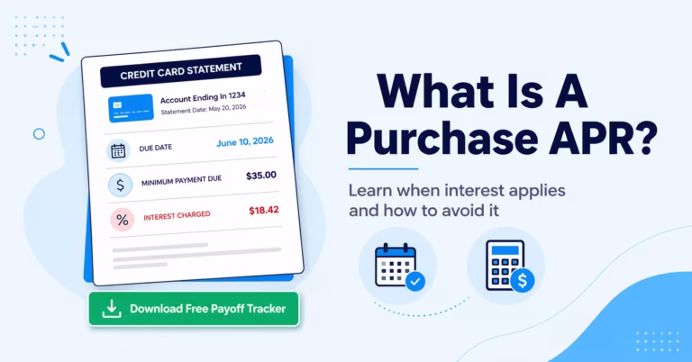 Credit card statement beside text explaining what a purchase APR is and how it works