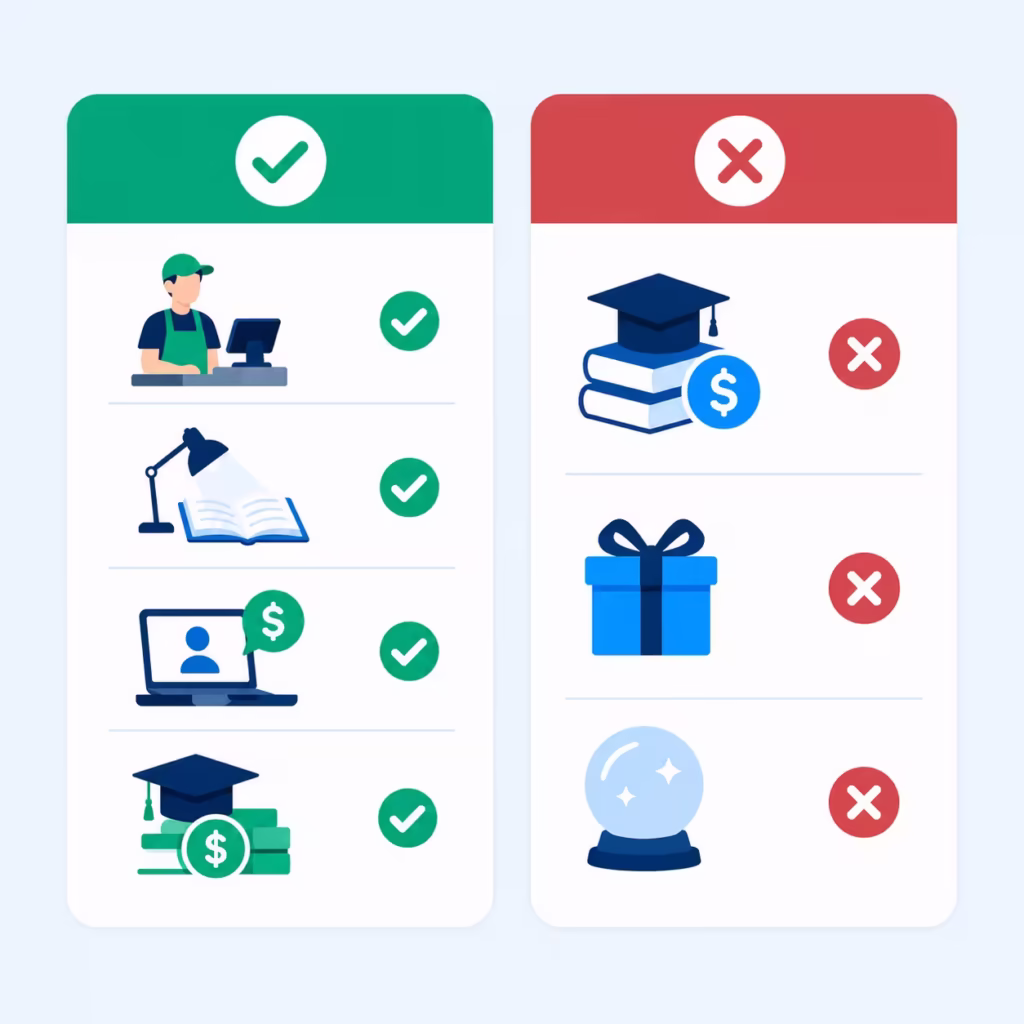 Checklist comparing income sources that qualify versus income sources that do not qualify