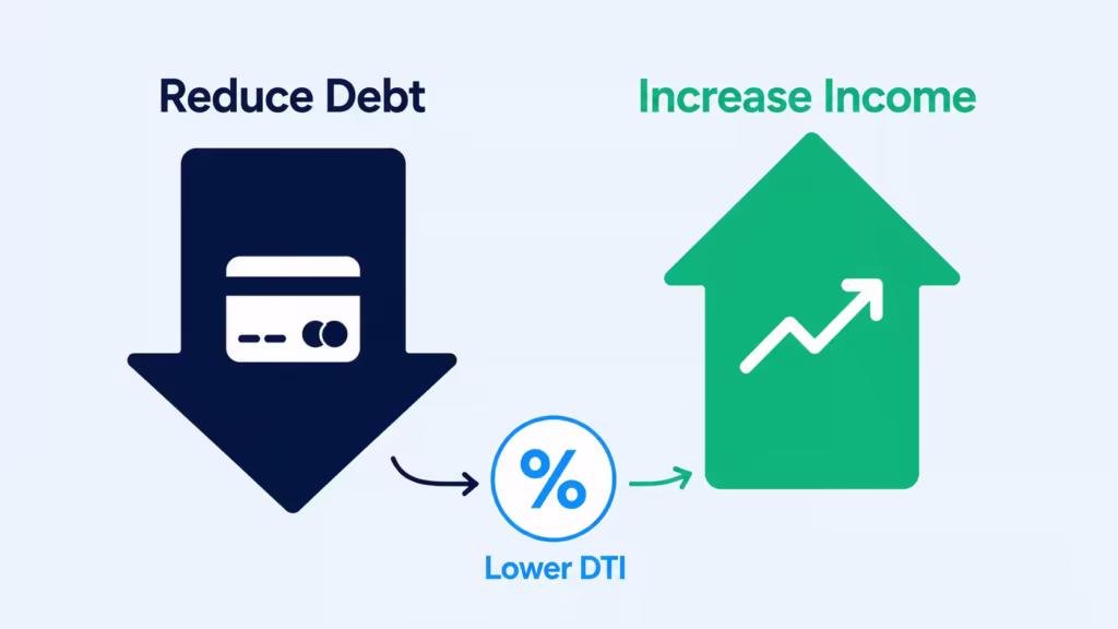 Two arrows showing debt reduction and income increase as ways to improve a ratio