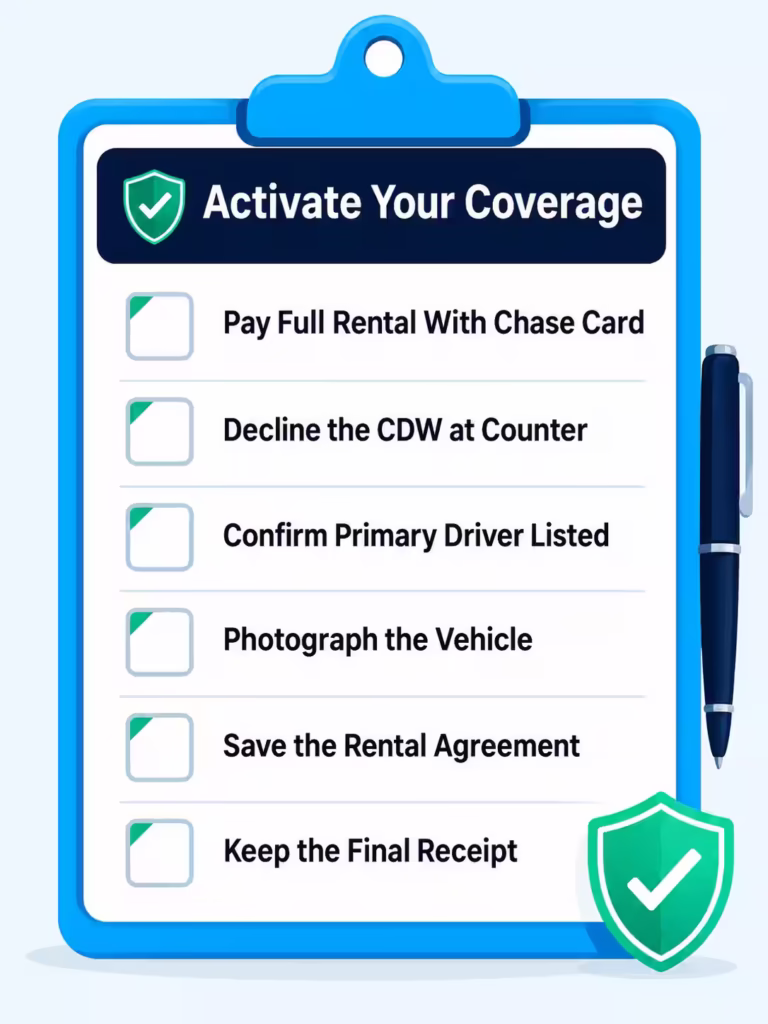 Clipboard checklist showing six steps to activate rental car coverage at the counter