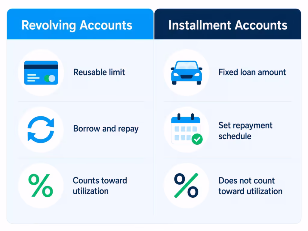 Side by side comparison graphic contrasting reusable credit accounts with fixed installment loans