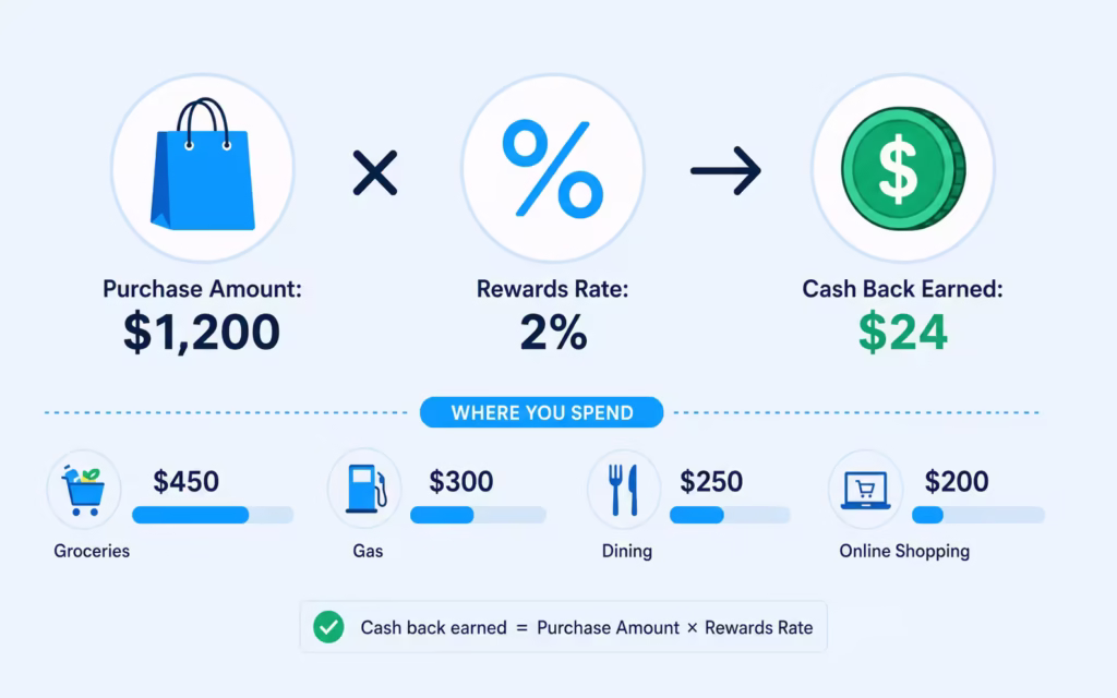 Infographic showing a purchase amount multiplied by a rewards percentage to calculate earned rewards