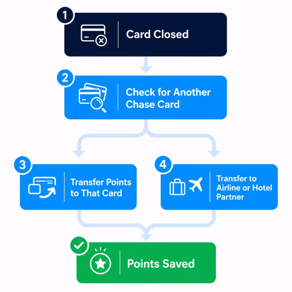 Flowchart showing the steps to transfer reward points after a credit card account is closed