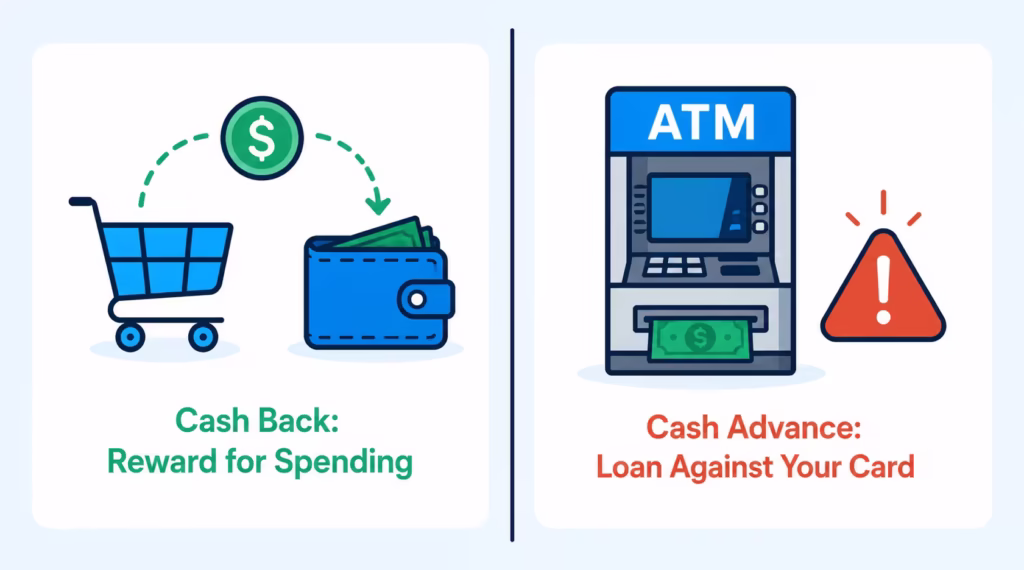 Side by side illustration contrasting a rewards purchase icon with an ATM cash withdrawal icon