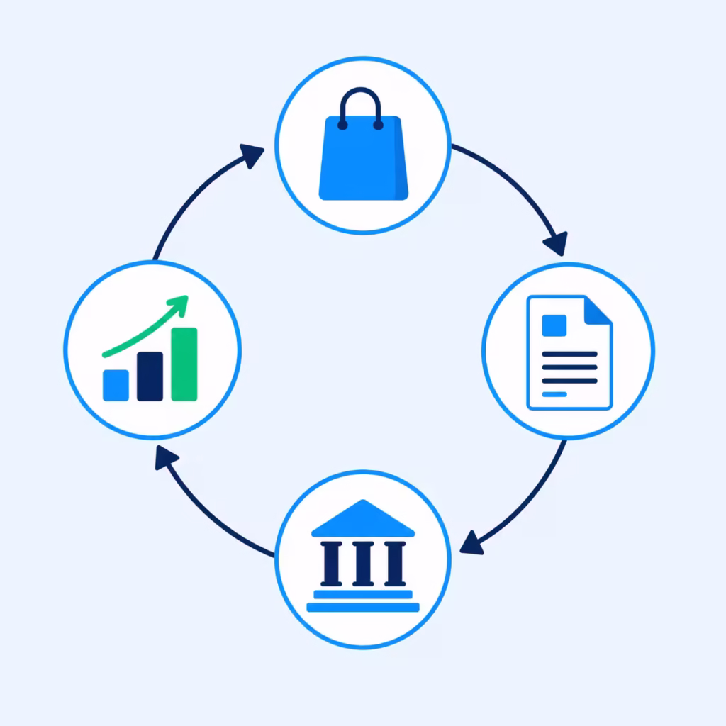 Circular diagram showing the repeating cycle of spending, statements, payment, and credit reporting