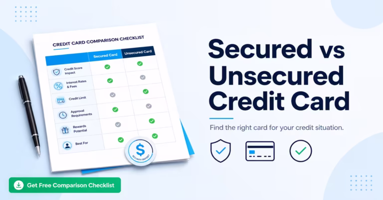 Comparison checklist document showing secured and unsecured credit card columns side by side