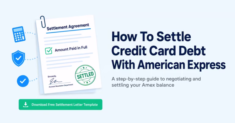 Settlement letter document beside a headline explaining how to settle credit card debt with American Express