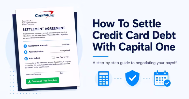 Settlement letter document beside guide title on how to settle credit card debt with Capital One