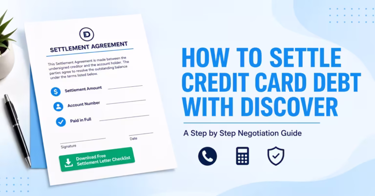 Printed debt settlement letter beside a headline about settling credit card debt with Discover