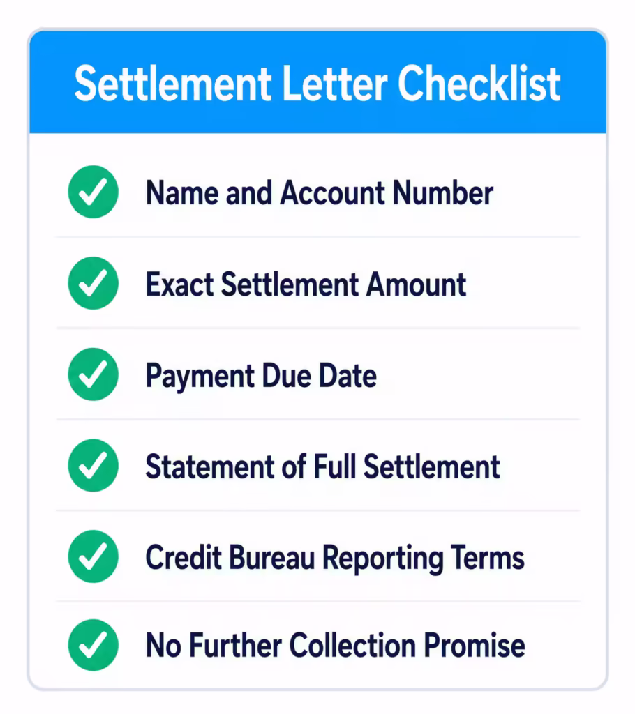 Checklist card listing six items that should appear in a written debt settlement agreement