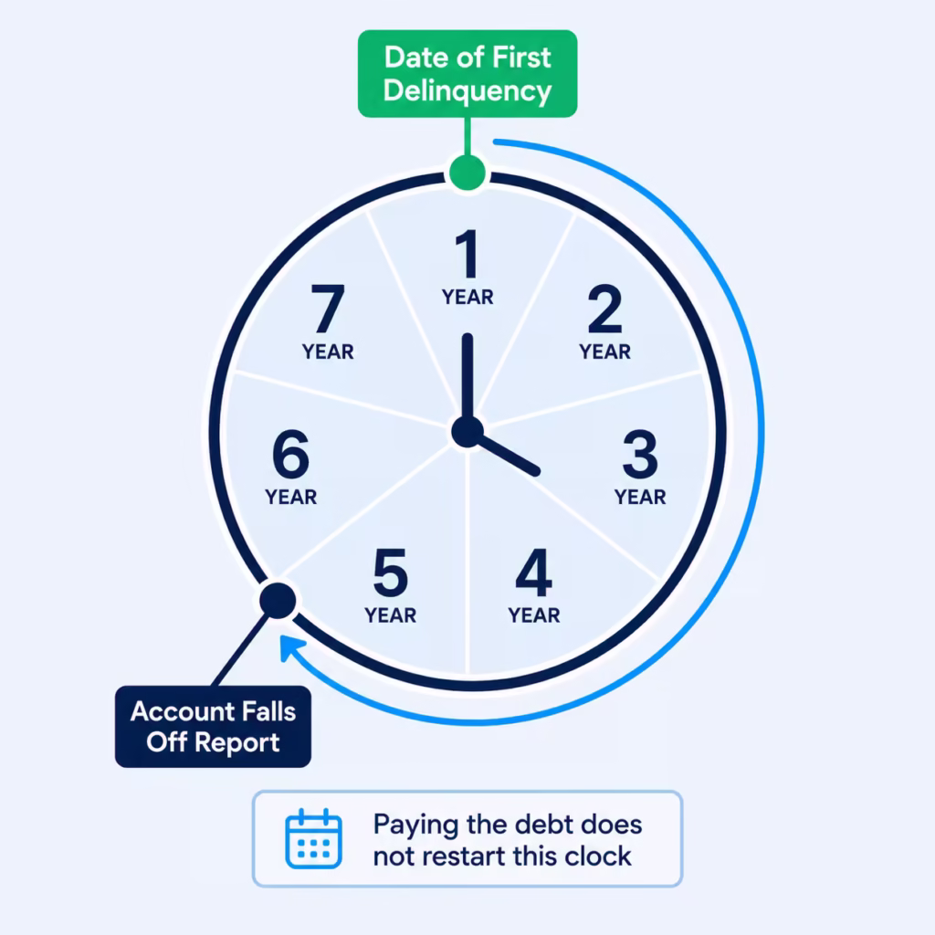 Circular diagram illustrating the seven year credit reporting timeline for a collection account