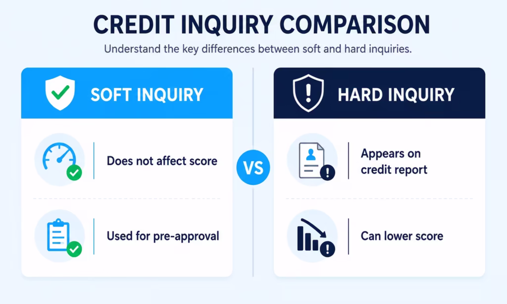 Side by side graphic comparing a soft credit inquiry and a hard credit inquiry
