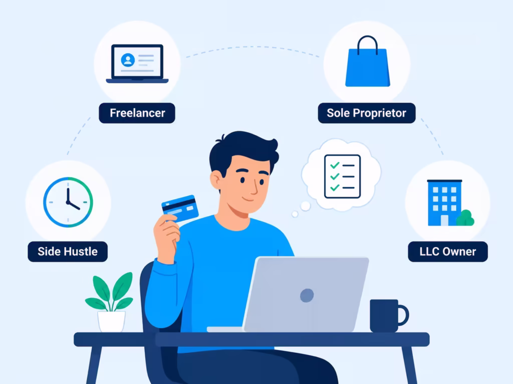 Illustration of a freelancer at a desk surrounded by icons representing different types of small business owners