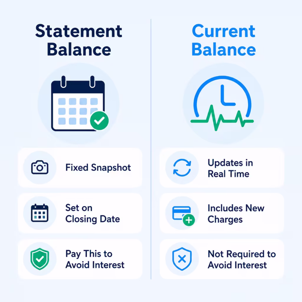 Side by side comparison of statement balance and current balance characteristics