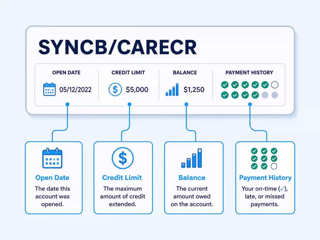 Annotated credit report line item with callouts pointing to open date limit balance and payment history