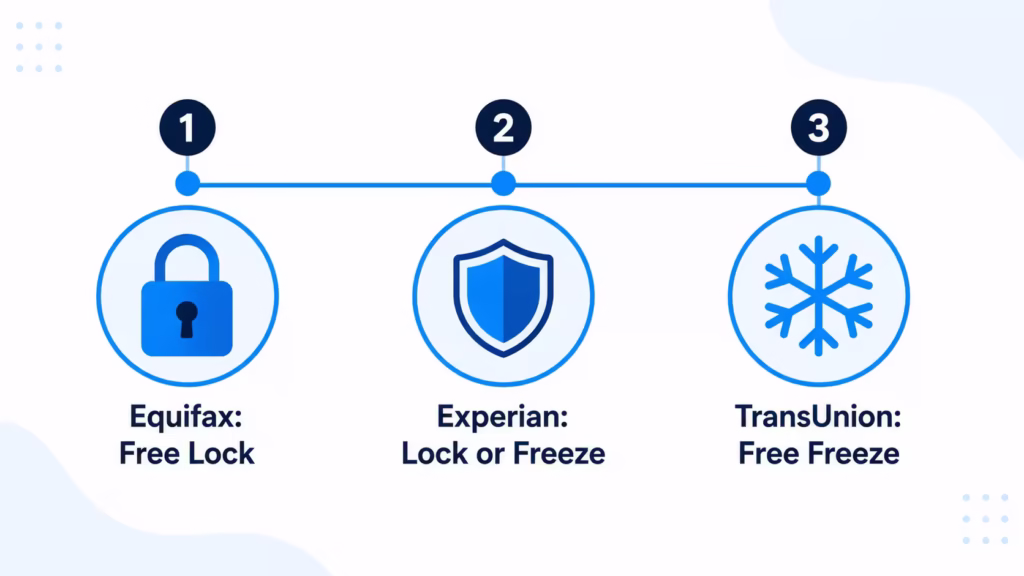 Timeline graphic showing the three steps to lock or freeze credit at Equifax Experian and TransUnion