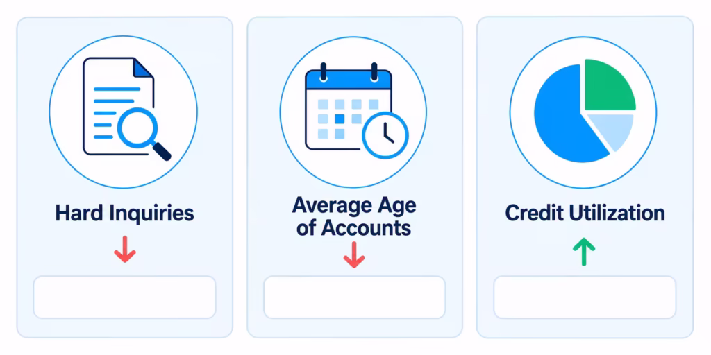 Three column infographic showing icons for credit inquiries, account age, and credit utilization with directional arrows