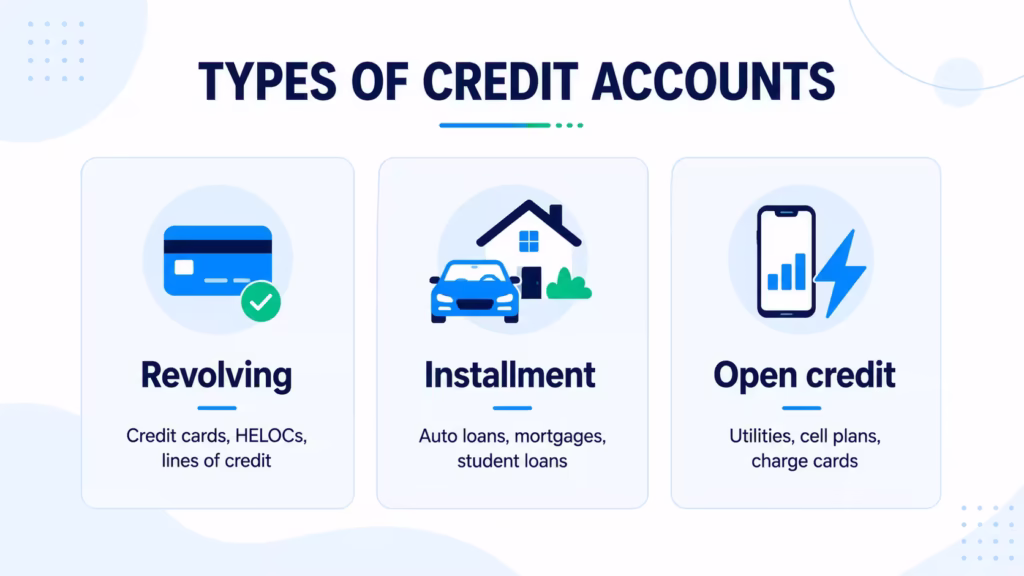 Three column diagram comparing revolving, installment, and open credit account types