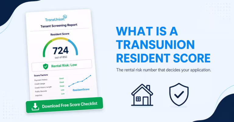 Tenant screening report showing a TransUnion resident score gauge next to article headline text