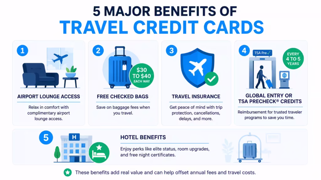 Travel card benefits include lounge access, checked bags, insurance, and screening credits