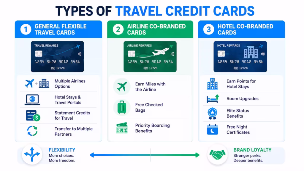 Three travel card types compared by flexible rewards, airline loyalty, and hotel benefits