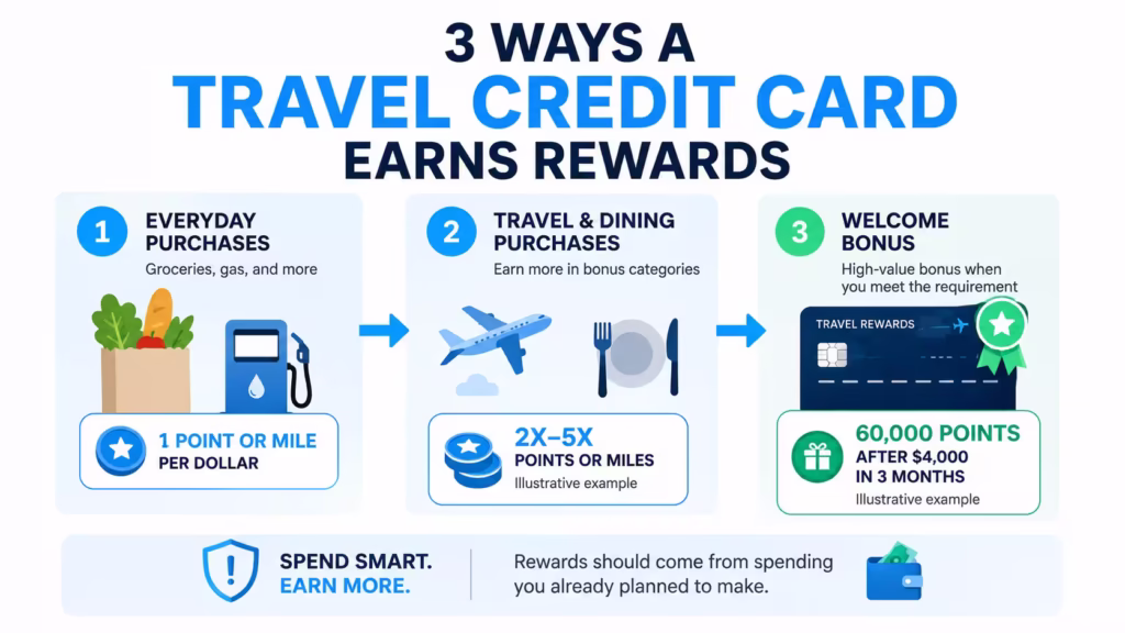 Credit card rewards flow from everyday purchases, bonus categories, and welcome offers