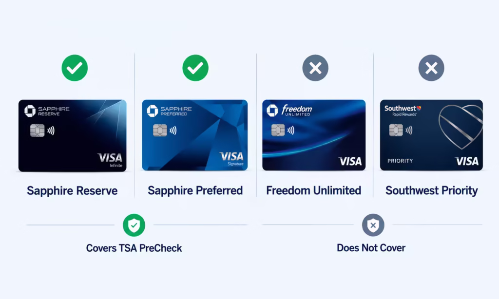 Icon comparison showing which travel credit cards reimburse a trusted traveler application fee